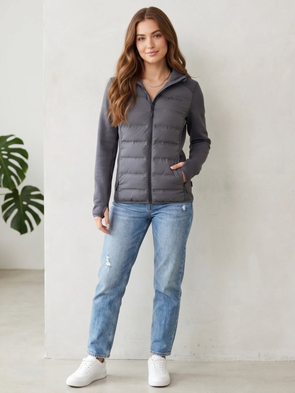 Women, spyder gray hooded, puffer jacket